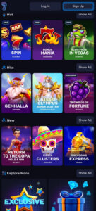 7Bit Casino mobile homepage screenshot showing featured games, promotions, and interface – tested