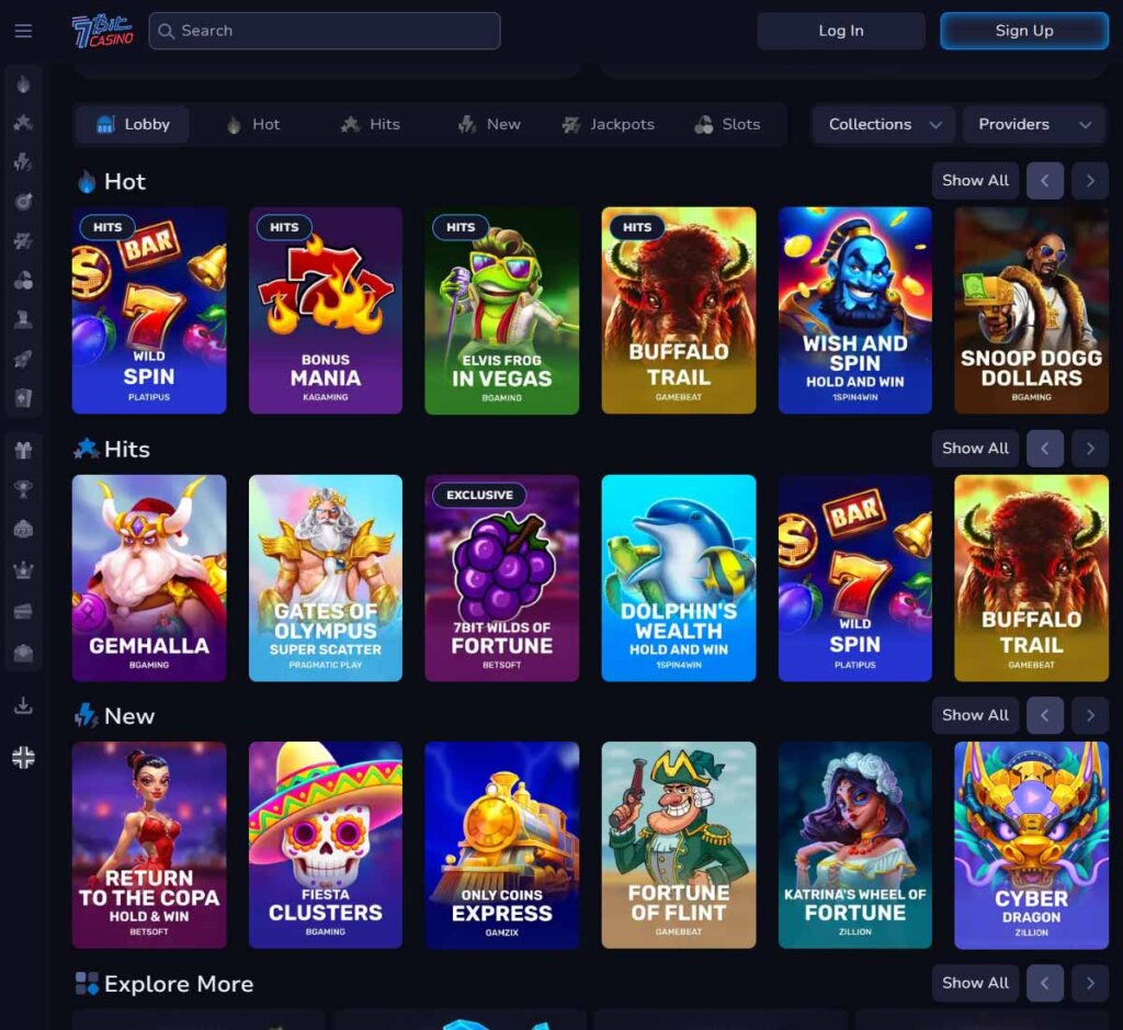 7Bit Casino desktop homepage screenshot displaying featured games, promotions, and navigation – tested