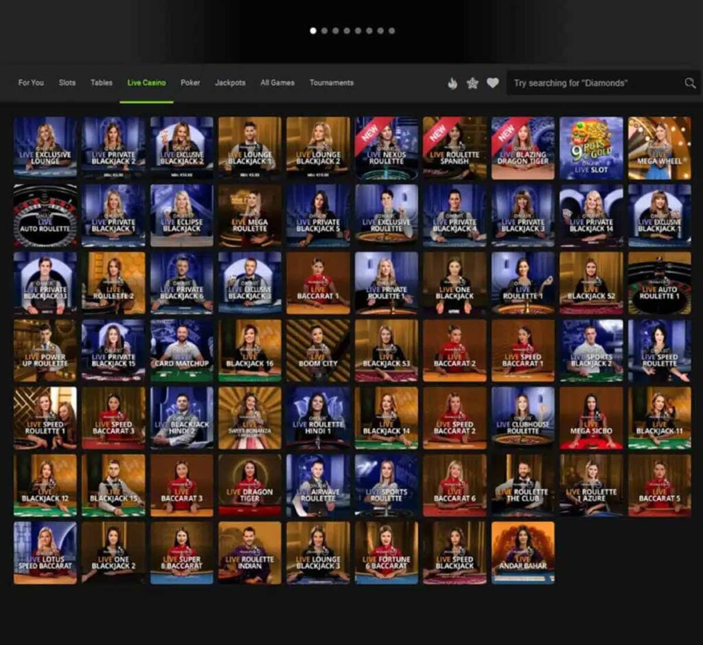 Gamingclub Casino desktop screenshot showing the live casino games lobby - tested