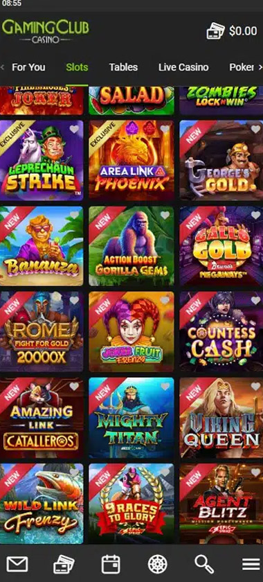 Gamingclub Casino mobile screenshot showing the slots lobby - tested