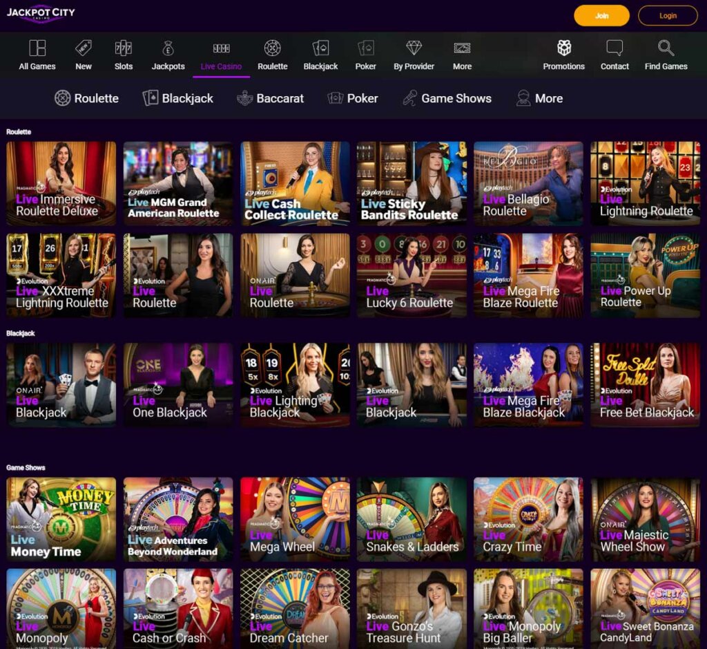 Jackpotcity Casino desktop interface screenshot displaying the full collection of live dealer games - tested