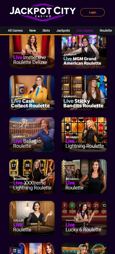 Jackpotcity Casino mobile interface screenshot showing the live casino games selection, including roulette - tested