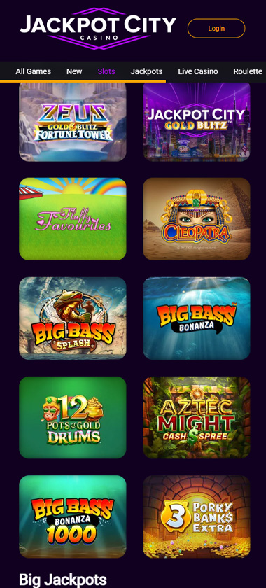 Jackpotcity Casino mobile interface screenshot showing a variety of popular slot games - tested
