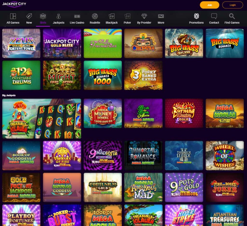 Jackpotcity Casino desktop interface screenshot showing the main slots lobby with a variety of games - tested