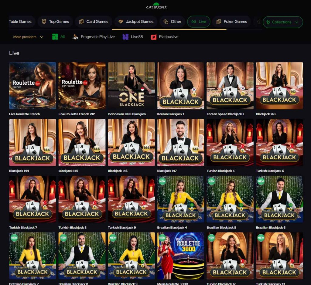 Katsubet Casino desktop interface screenshot displaying the full collection of live dealer games - tested