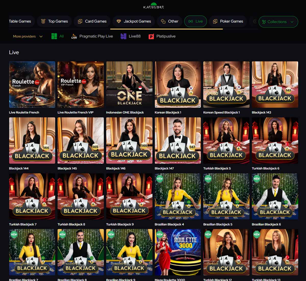 Katsubet Casino desktop interface screenshot displaying the full collection of live dealer games   tested