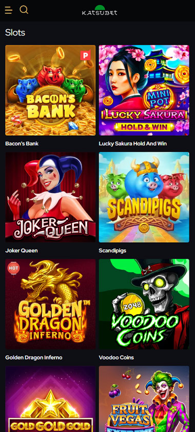 Katsubet Casino mobile slots variety screenshot displaying featured slots, categories and touch-optimized navigation - tested