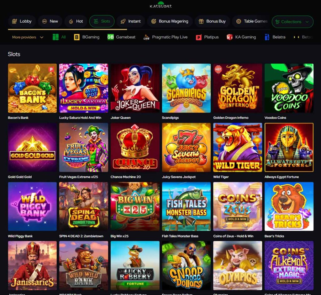 Katsubet Casino desktop slots variety screenshot displaying featured slots, game categories and filtering options - tested