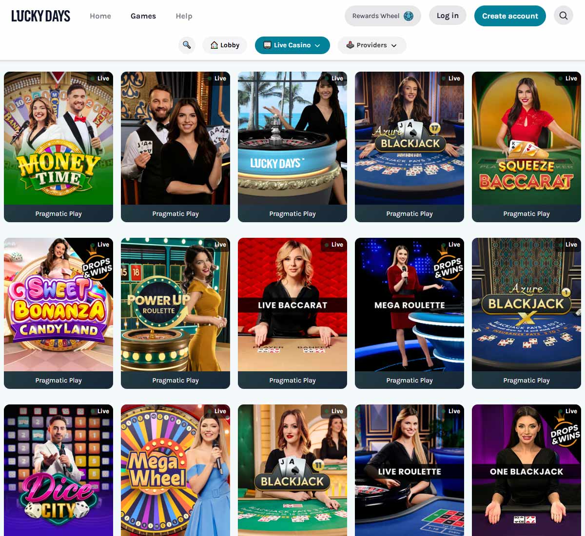 Lucky Days desktop live casino section screenshot showing Pragmatic Play game grid with Money Time, blackjack, roulette, and baccarat tables with live dealers   tested