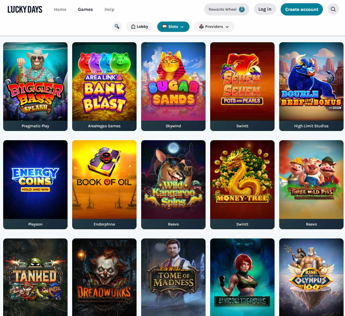 Lucky Days desktop slots section screenshot showing game thumbnails including Bigger Bass Splash, Area Link Bank Blast, Sugar Sands, and Seven Seven Pots and Pearls from multiple providers   tested