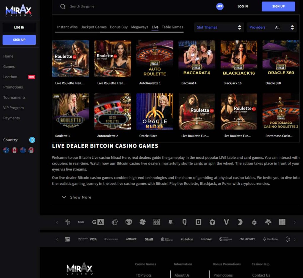 Mirax Casino desktop live casino zone showing some live casino games like Roulette French, Blackjack16, Baccarat 4 and Oracle 360 - tested