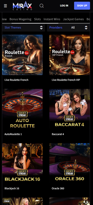 Mirax Casino mobile live casino section showing some live casino games like Roulette French, Auto Roulette, Blackjack16 and Oracle 360 - tested