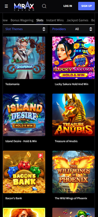 Mirax Casino mobile slots section screenshot showing popular slots games, such as Lucky Sakura, Teslamania, Island Desire -Hold and Win- and Treasure of Anubis - tested