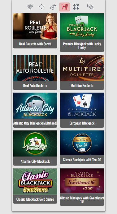 Platinumplay Casino mobile tables section screenshot showing live dealer options including Real Roulette with Sarati, Premier Blackjack with Lucky Lucky, Real Auto Roulette, Multifire Roulette, Atlantic City Blackjack Multihand, European Blackjack, Atlantic City Blackjack, Classic Blackjack with Ten-20, Classic Blackjack Gold Series, and Classic Blackjack with Sweetheart 16 - tested