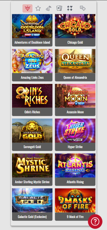 Platinumplay Casino mobile slots section screenshot showing game titles including Adventures of Doubloon Island, Chicago Gold, Amazing Links Zeus, Queen of Alexandria, Odin's Riches, Assassin Moon, Serengeti Gold, Hyper Strike, Amber Sterling Mystic Shrine, Atlantis Rising, Galactic Gold Exclusive, and 9 Mask of Fire - tested