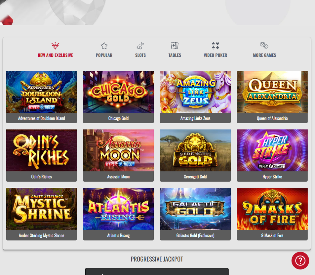 Platinumplay Casino desktop new and exclusive section screenshot showing featured slot titles including Adventures of Doubloon Island, Chicago Gold, Amazing Links Zeus, Queen of Alexandria, Odin's Riches, Assassin Moon, Serengeti Gold, Hyper Strike, Amber Sterling Mystic Shrine, Atlantis Rising, Galactic Gold Exclusive, and 9 Mask of Fire with progressive jackpot counter - tested