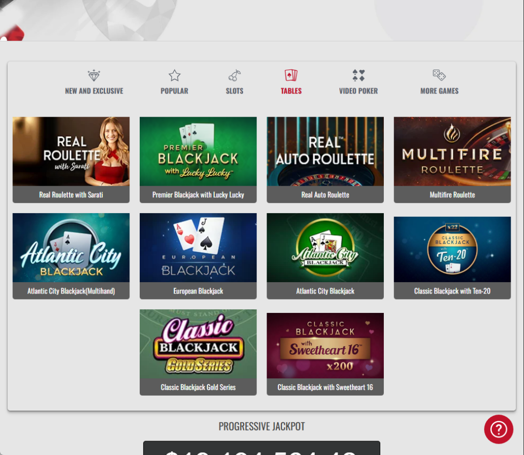 Platinumplay Casino desktop tables section screenshot showing live dealer games including Real Roulette with Sarati, Premier Blackjack with Lucky Lucky, Real Auto Roulette, Multifire Roulette, Atlantic City Blackjack variants, European Blackjack, and Classic Blackjack with Ten-20 - tested