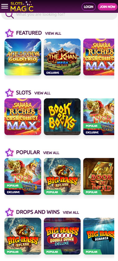 Slotsmagic Casino mobile homepage screenshot showing featured games, popular slots and drops and wins games - tested