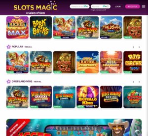 Slotsmagic Casino desktop homepage screenshot showing popular slots and drops and wins games - tested