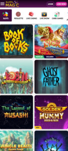 Slotsmagic Casino mobile slots section screenshot showing different slot games like Ghost Father and Thor - tested