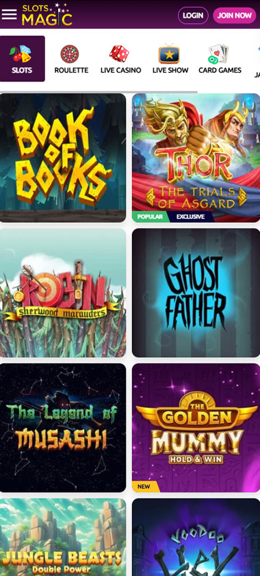 Slotsmagic Casino mobile slots section screenshot showing different slot games like Ghost Father and Thor - tested