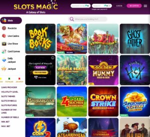 Slotsmagic Casino desktop slots section screenshot showing different slot games like 4Pots Riches, Ghost Father and Thor - tested
