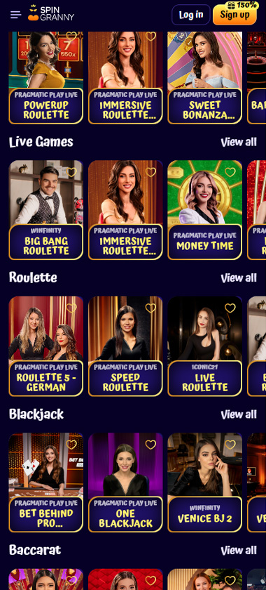 Spingranny Casino mobile live casino section screenshot showing live games, roulette, blackjack and baccarat - tested