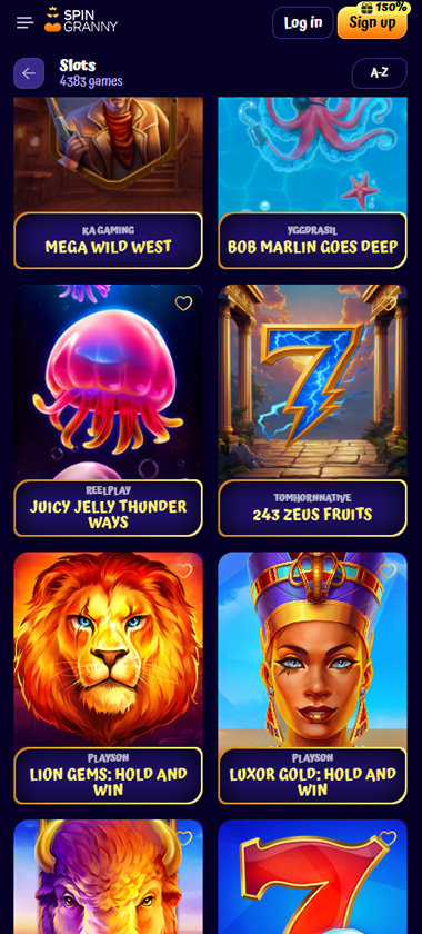 Spingranny Casino mobile slots section screenshot showing hold and win slot games like Luxor Gold: Hold and Win and Lions Gems: Hold and Win - tested