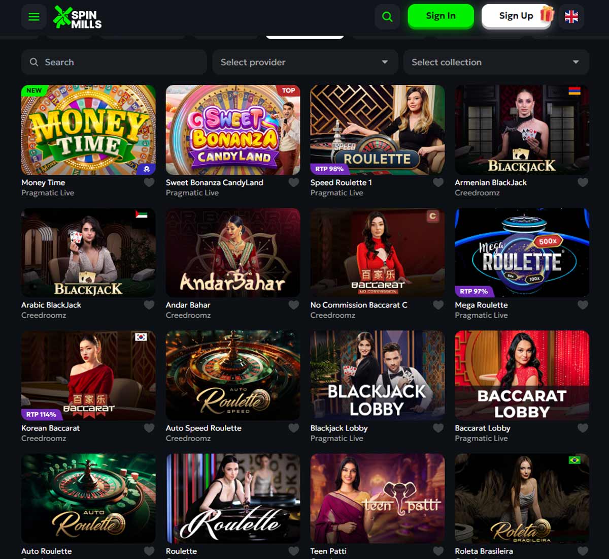 SpinMills casino live casino games collection review