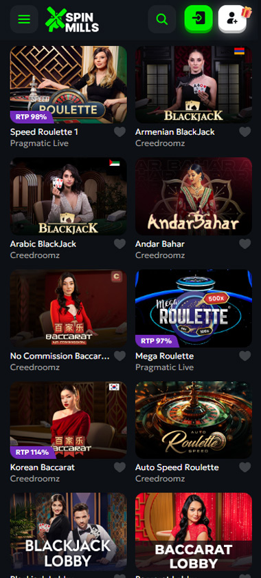 SpinMills casino live casino games mobile review