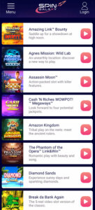 Spingalaxy Casino mobile interface screenshot displaying a grid of popular slot games - tested
