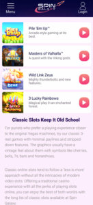 Spingalaxy Casino mobile interface screenshot showing the "Classic Slots" game category - tested