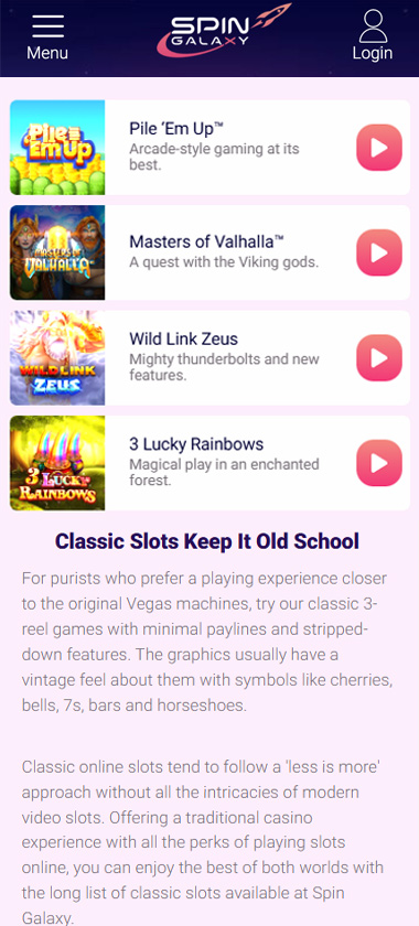 Spingalaxy Casino mobile interface screenshot showing the "Classic Slots" game category - tested
