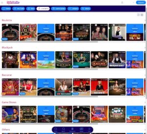 Spingenie Casino desktop live casino section screenshot showing roulette, blackjack, baccarat, game shows and other games - tested