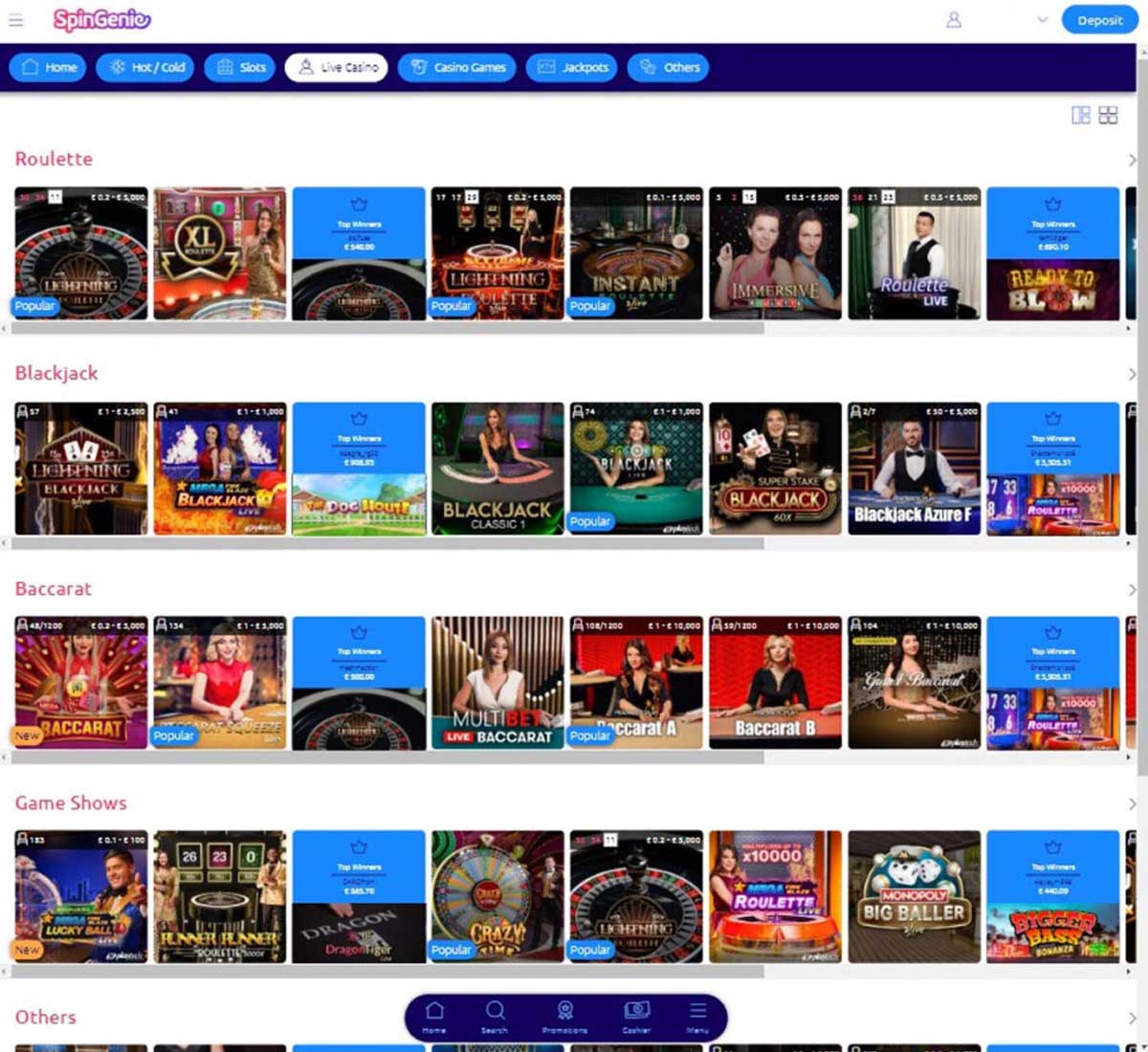 Spingenie Casino desktop live casino section screenshot showing roulette, blackjack, baccarat, game shows and other games   tested