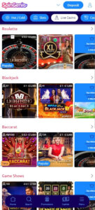 Spingenie Casino mobile live casino section screenshot showing roulette, blackjack, baccarat and game shows - tested