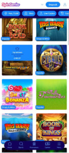 Spingenie Casino mobile slot section screenshot showing popular slots games like Big Bass Bonanza and Sweet Bonanza - tested