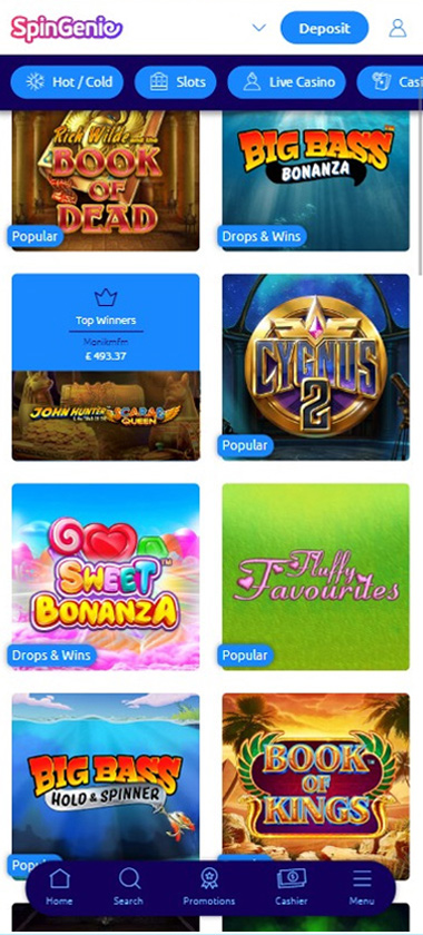 Spingenie Casino mobile slot section screenshot showing popular slots games like Big Bass Bonanza and Sweet Bonanza - tested