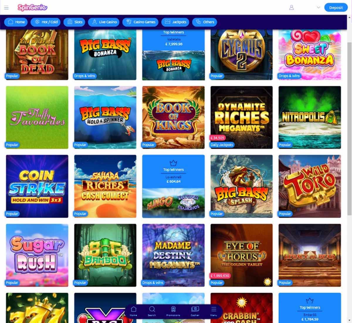 Spingenie Casino desktop slot section screenshot showing popular slots games like Book of Dead or Sugar Rush   tested