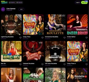Spinmama Casino desktop screenshot showing live casino games collection with live dealer tables – tested