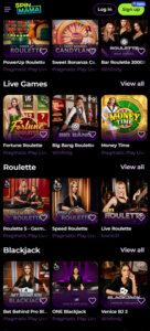 Spinmama Casino mobile screenshot showing live casino games with live dealer tables – tested