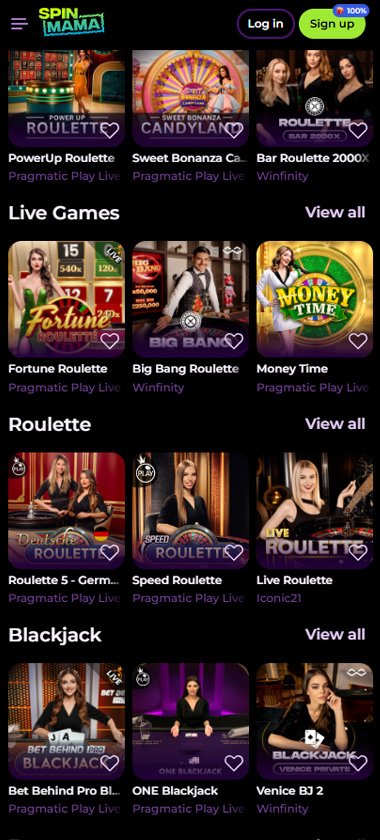 Spinmama Casino mobile screenshot showing live casino games with live dealer tables – tested