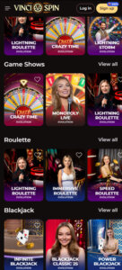 Vincispin Casino mobile live casino screenshot showing live game shows, roulette and blackjack - tested