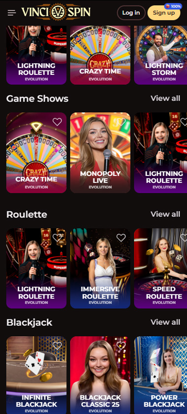 Vincispin Casino mobile live casino screenshot showing live game shows, roulette and blackjack - tested