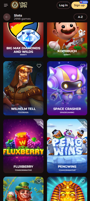 Vincispin Casino mobile slots section screenshot showing slot games from providers like Yggdrasil and Spadegaming - tested