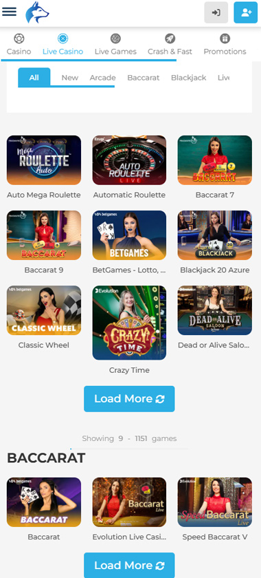 Wolfy Casino mobile live casino screenshot showing different live games such as baccarat, Crazy Time and Auto Mega Roulette - tested