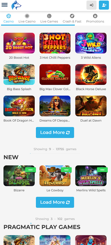 Wolfy Casino mobile homepage screenshot showing slots, Pragmatic Play games and new games - tested