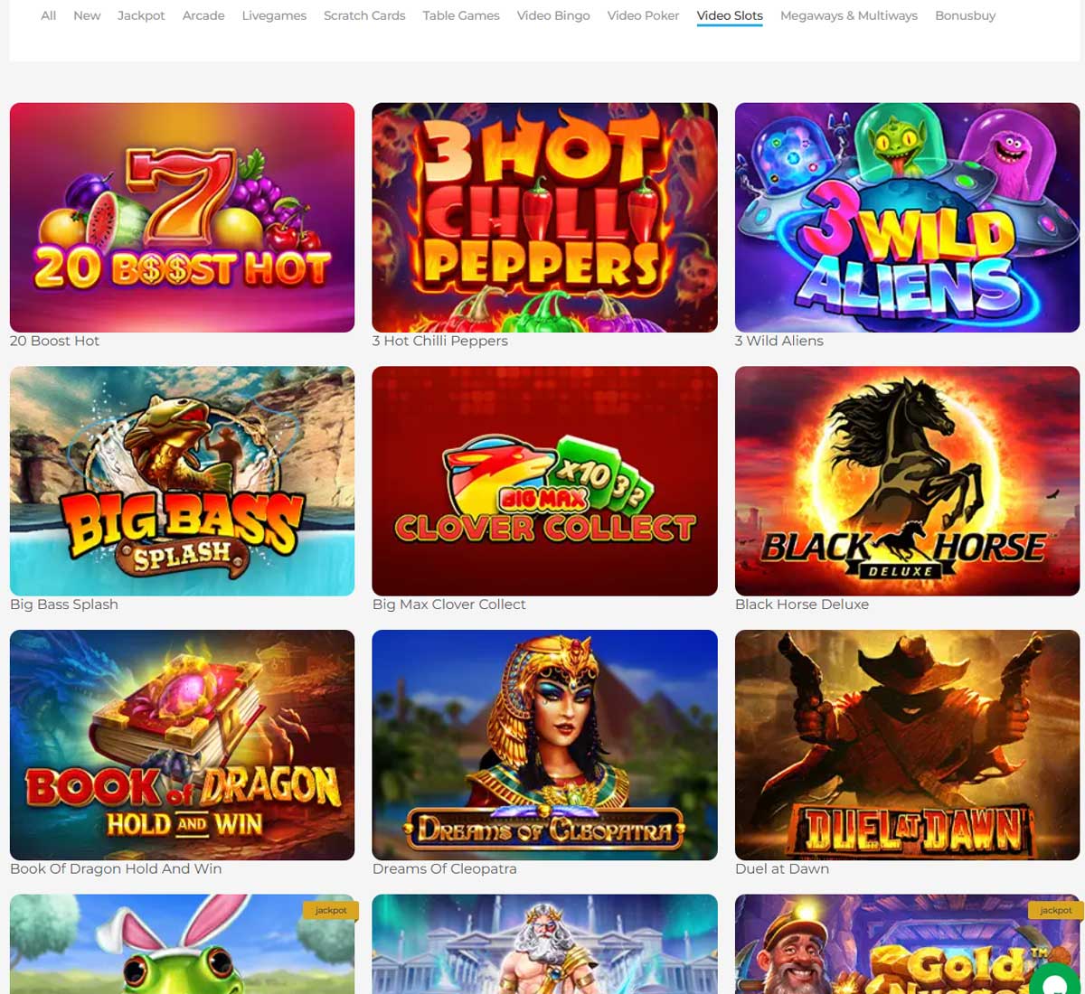 Wolfy Casino desktop video slots screenshot showing popular games like Big Bass Splash, Duel at Dawn and 3 Wild Aliens   tested