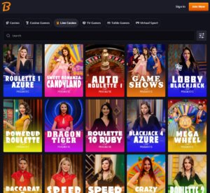 Blaze Spins Casino desktop live games screenshot showing featured Pragmatic Play live games like Sweet Bonanza Candyland, Dragon Tiger and Roulette 1 Azure - tested