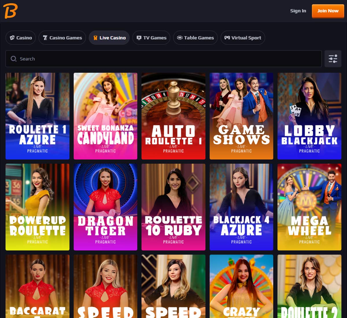 Blaze Spins Casino desktop live games screenshot showing featured Pragmatic Play live games like Sweet Bonanza Candyland, Dragon Tiger and Roulette 1 Azure   tested
